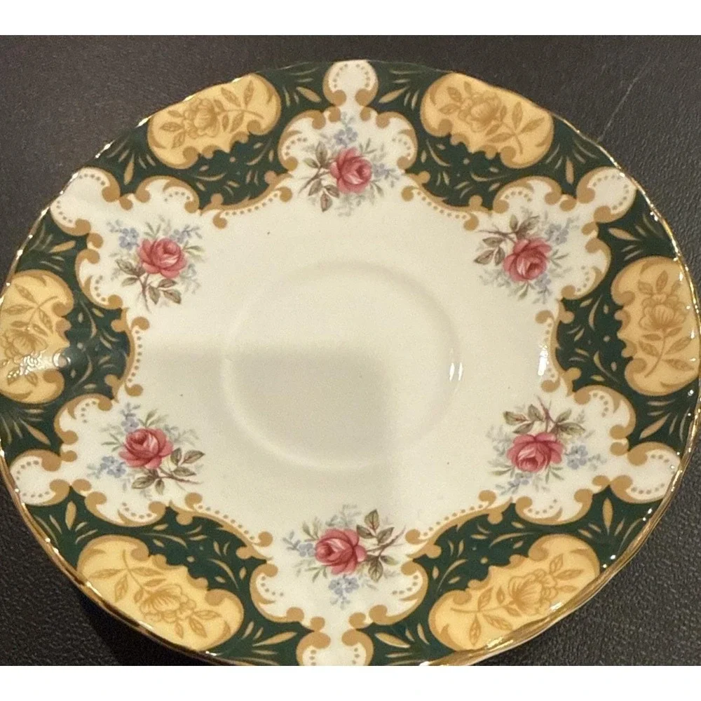 Queens Rosina Green Emperor Bone China England Floral Tea Cup‎ Saucer Vintage